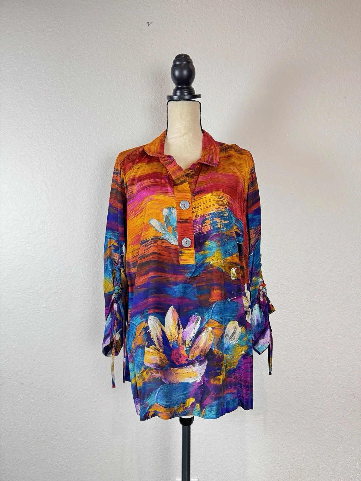 John Mark Women’s Size 2X Tunic Mixed Floral Print 3/4 Cinch Sleeve Blouse NWT