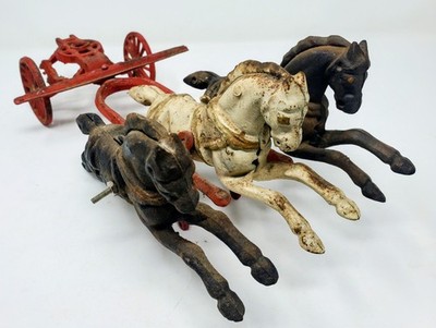 Antique Cast Iron Hubley 3 Horse Drawn Fire Ladder Front Carriage Only * READ