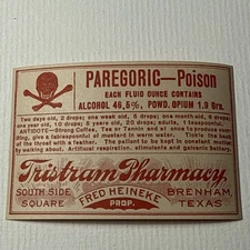 1920s Brenham TX Poison Vtg Label Paregoric Tristram Pharmacy Skull Crossbones