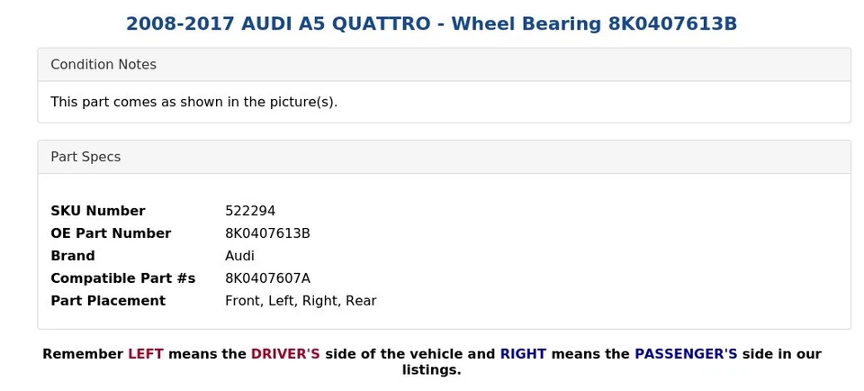 2008-2017 AUDI A5 QUATTRO - Wheel Bearing 8K0407613B - Image 4 of 4