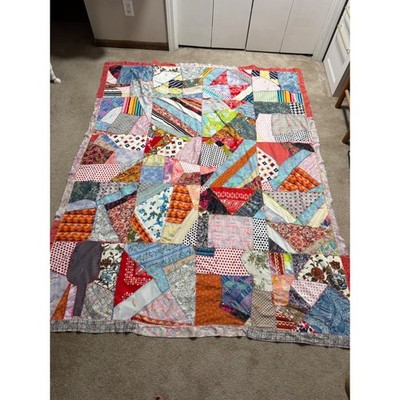 Vtg 70's Handmade Polyester Crazy Multi Color Patchwork Quilt Double Knit 66x86''