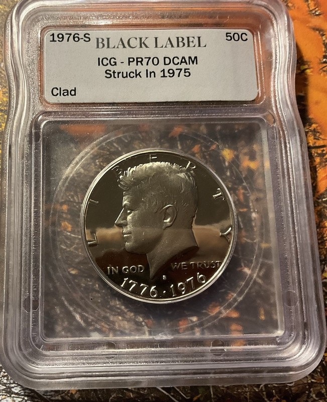 1976-S Kennedy 50c PR70 DCAM ICG .Black Label Struck In 1975 - Gray Book $280