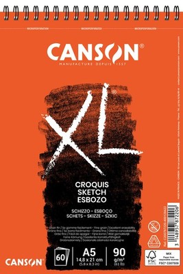 CANSON XL Sketch 90gsm A5 Paper, Fine Grain, Spiral Pad Long 60S A5, Cream