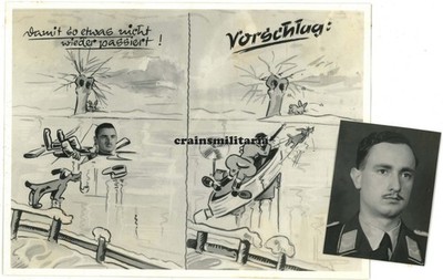 Orig. RIESEN Foto Karikatur & Portrait Pilot SCHMIDT Manfred 1.(F)/124 E^P Orden