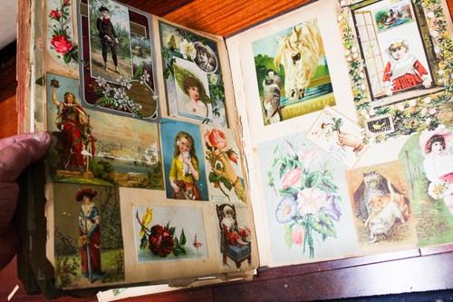 ANTIQUE 1880S WHIMSICAL LITHO PROMO CARDS SCRAPBOOK - Picture 17 of 20