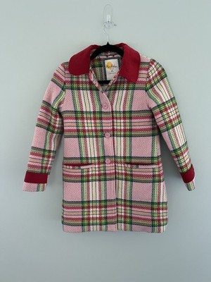 Mini Boden Wool Blend Plaid Pink Red Buttons Coat Quilted Lining Size 8-9 years