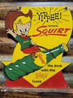 VINTAGE SQUIRT PORCELAIN SIGN OLD SODA POP BEVERAGE DRINK BOTTLE BOY RODEO FOOD