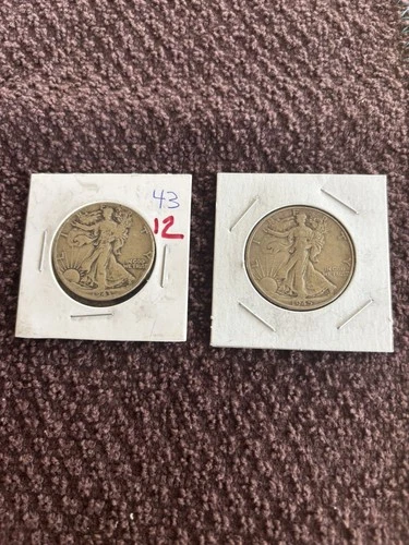 Lot of 2 Walking Liberty 90% Silver Half Dollar Coins (1) 1943 And (1) 1945