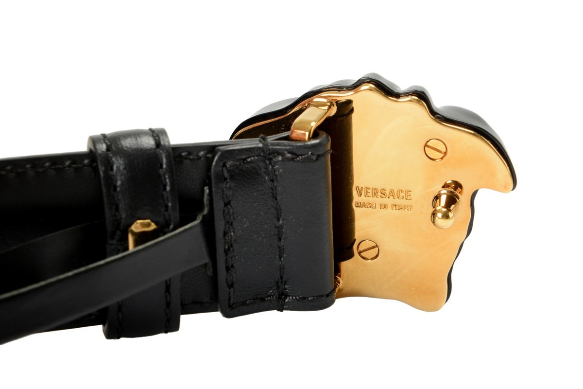 Versace Black Leather La Medusa Head Decorated Buckle Belt