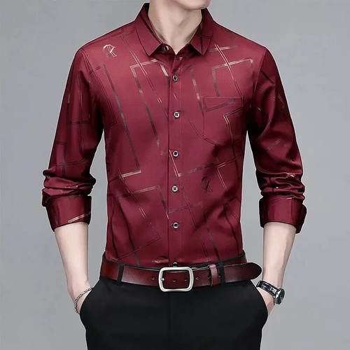 Camisa estampada manga larga informal y de moda para hombre, sin planchar y arrugas - Imagen 23 de 29