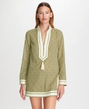TORY BURCH Printed Tory Basketweave Tunic Medium Red Green Blue Cream (New)