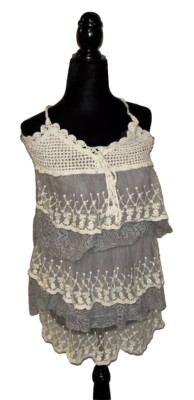 Gray & Cream Crochet Ruffled Design Sleeveless Small Short Pullover Dress