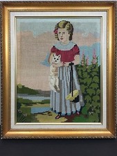 Vintage Large Hand Made Needlepoint Girl W Dog Or Cat Framed Picture