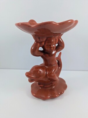 Vintage 1969 Holland Mold Speckled Orange Ceramic Cherub Dolphin Soap Dish 8''