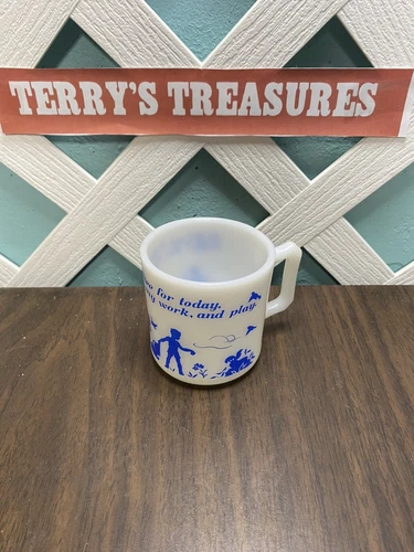 Hazel Atlas Milk Glass Child's Blue Print Prayer Mug Original Vintage