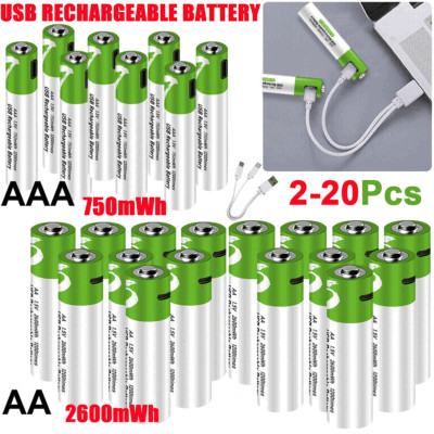 Lot  2600/ 750mWh AA / AAA Battery Type-C USB Rechargeable Lithium ion Batteries
