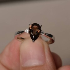 Natural Smoky Quartz Pear Cut Gemstone 925 Sterling Silver Women Handmade Ring