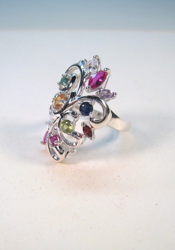 FANCY SAPPHIRE & GEMSTONE RING 2.00 CTW sz 7 WHITE GOLD over 925 STERLING SILVER - Picture 10 of 12