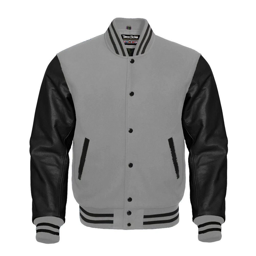 Mens Letterman Basketball Varsity Jacket Grey Wool Black Leather Sleeves Jacket