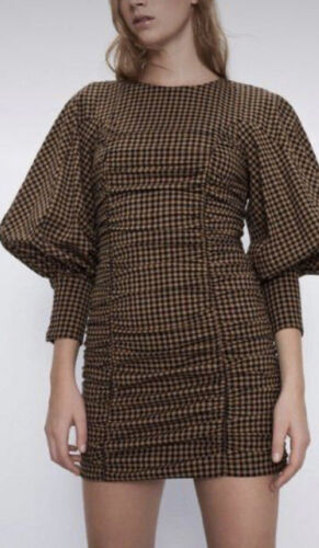 ZARA Women’s ruched Plaid Bishop Sleeves Mini Dress Size Medium - Picture 3 of 4