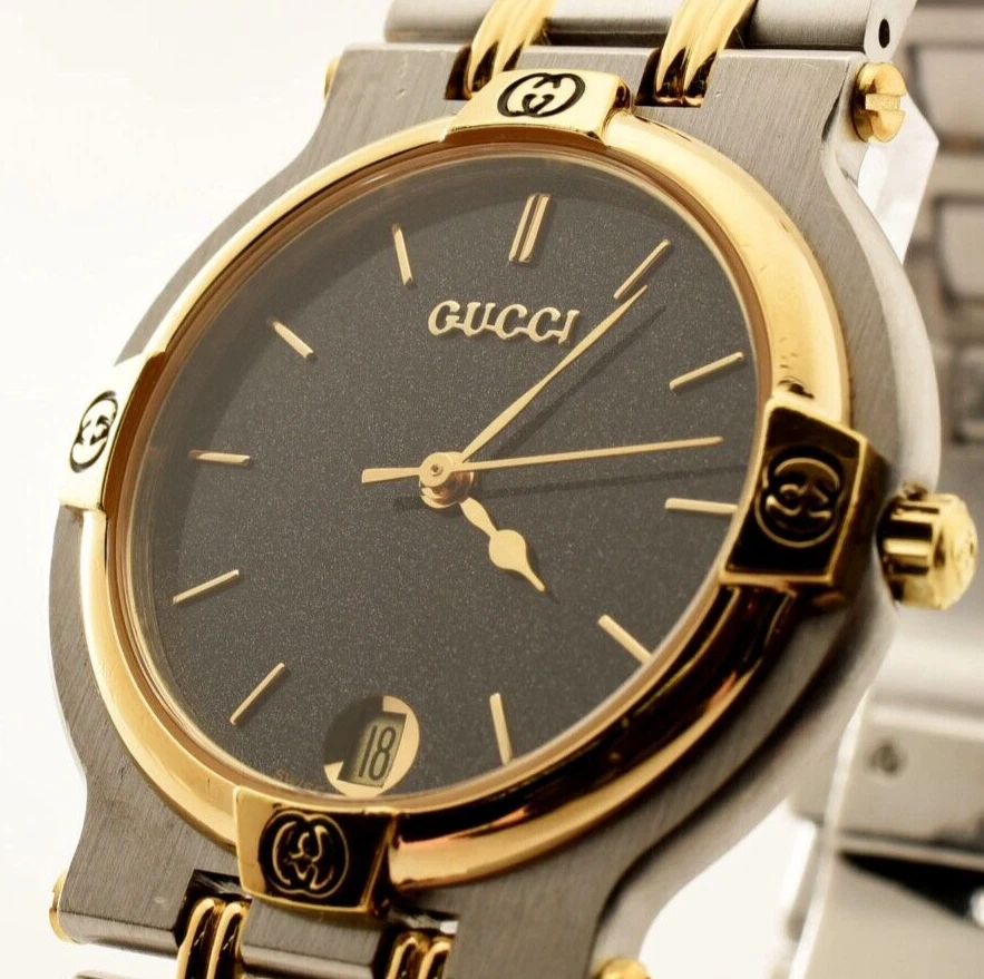 [N Mint] Montre homme vintage GUCCI 9000M cadran noir bicolore 17,0 cm Qz taille moyenne