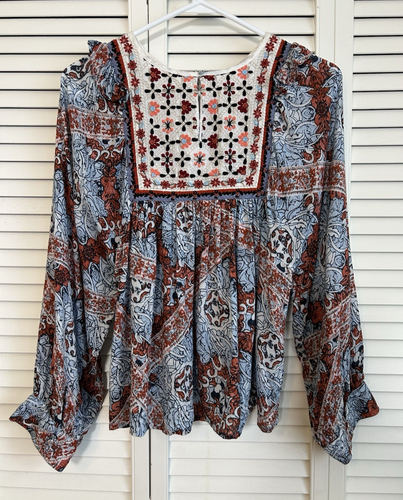Anthropologie Seen Worn Kept Minuet Blouse Women's M Blue Embroidered Flowy Boho - Picture 4 of 18