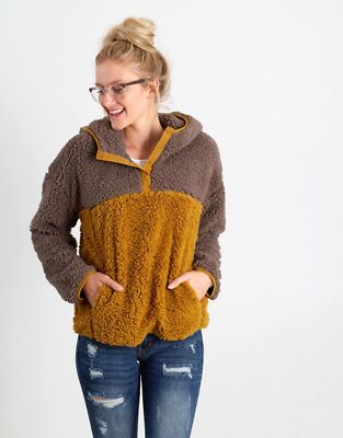 THREAD & SUPPLY Snap Wubby Colorblock Sherpa Fleece Teddy-Bear Hooded Pullover L