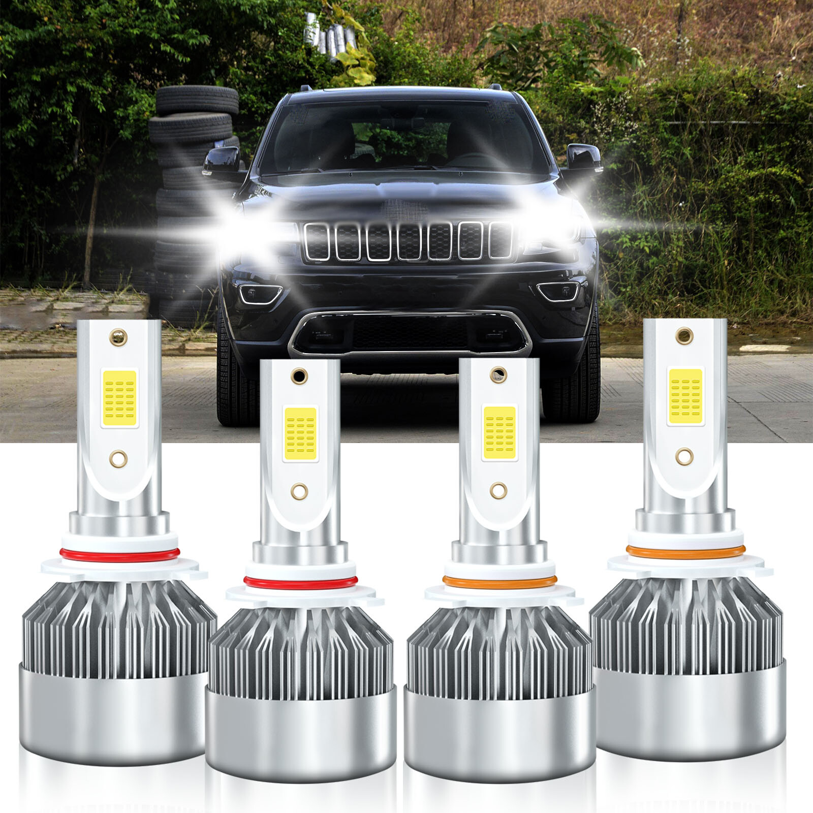1999-2010 Jeep Grand Cherokee LED Headlight Bulbs 9005 9006 4pc Combo Kit