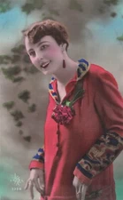 CP WOMEN'S SHORT HAIR MAKEUP RED-LIPPED ORANGE BLOUSE - LEAF BOTTOM