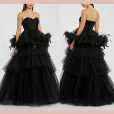 NWT Mac Duggal [ 12 ] 20572 Strapless Tulle Gown With Feather Detail Black J1612