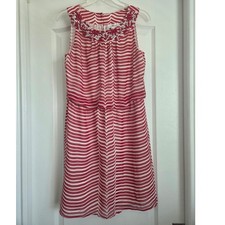 Vineyard Vines Silk Dress Red White Striped Beaded Neck Sleeveless Sz S Party
