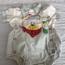 Vintage Healthtex Baby 6-9 Mo Denim Overalls Bear Lined Romper Scarf-1991 owned