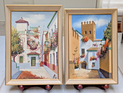 Pair of Small 1950s Framed Mid 20th C Impressionism Oil Painting Seville Spain
