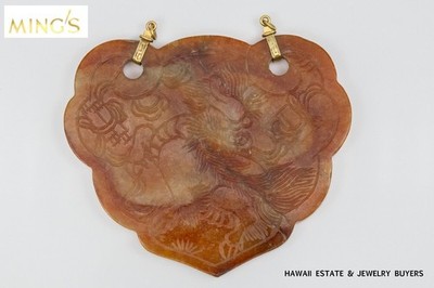 Ming s Hawaii Red Jade 14K Yellow Gold Dragon Phoenix Carved Medallion Pendant
