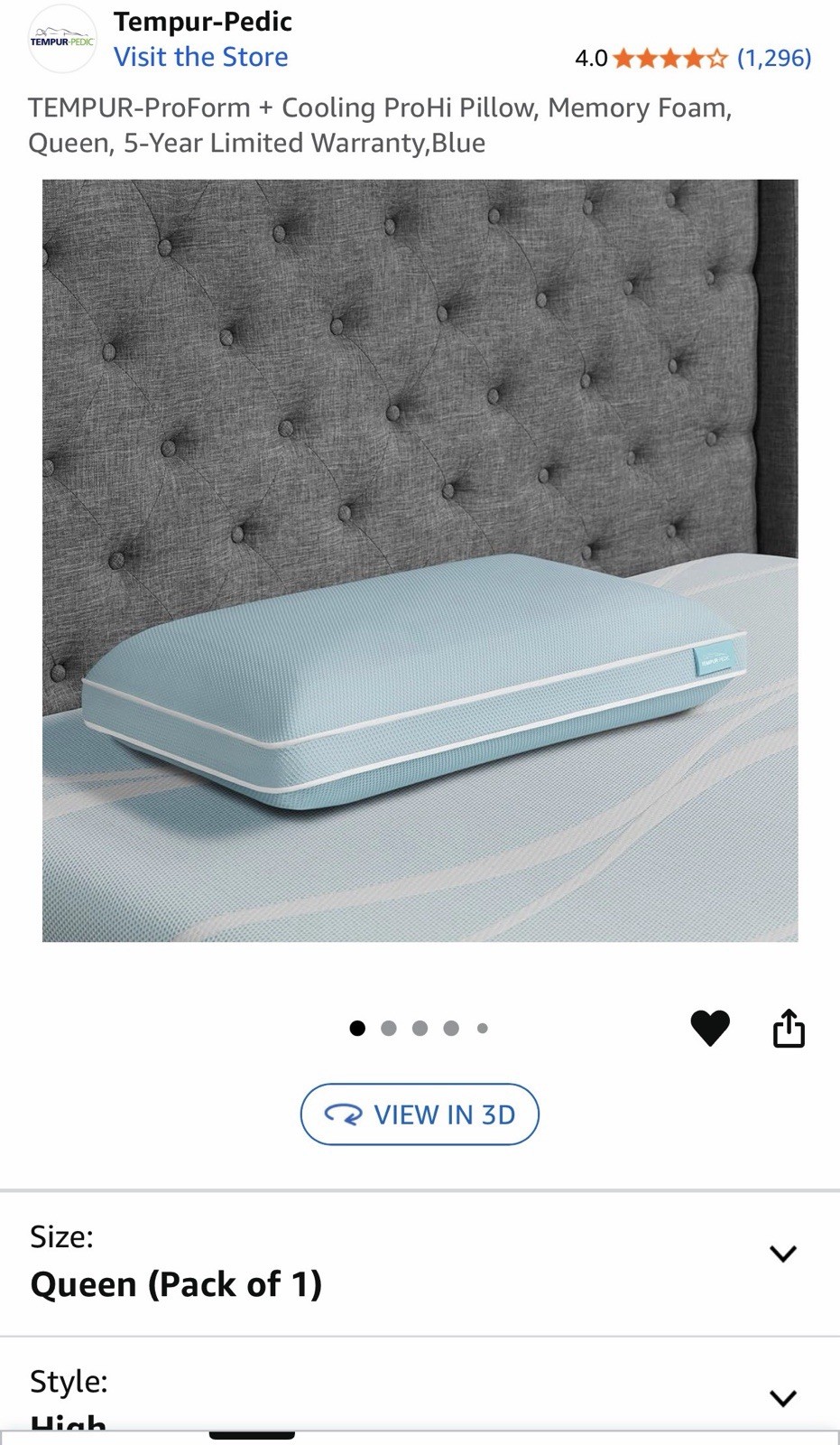 Tempur-Pedic TEMPUR-Cloud ProHi Memory Foam Pillow Queen