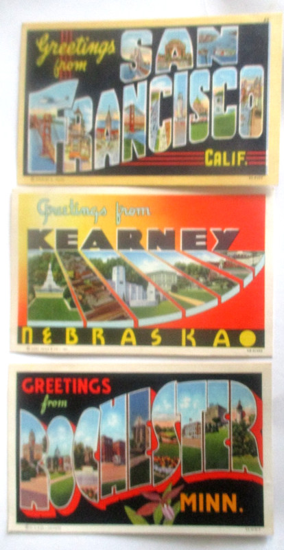 3 linen postcards of Greetings from Cities West of Mississippi  W/ Big Letters