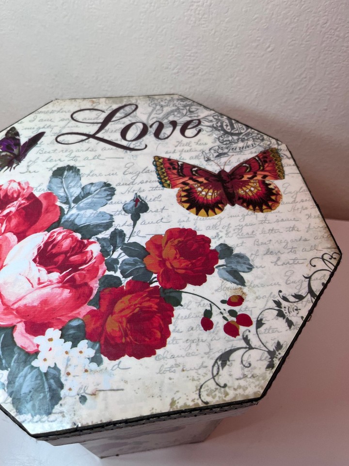 Floral storage box hexagonal wooden with pastoral decoupage pattern ...