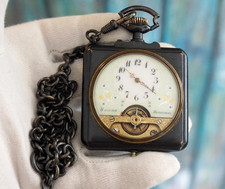 Rare Hebdomas 8-Day Mechanical Pocket Watch 53 mm Square Case with Chain