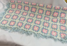 Crocheted Granny Square Baby Blanket Pastel White Blue Pink Nursery Gift