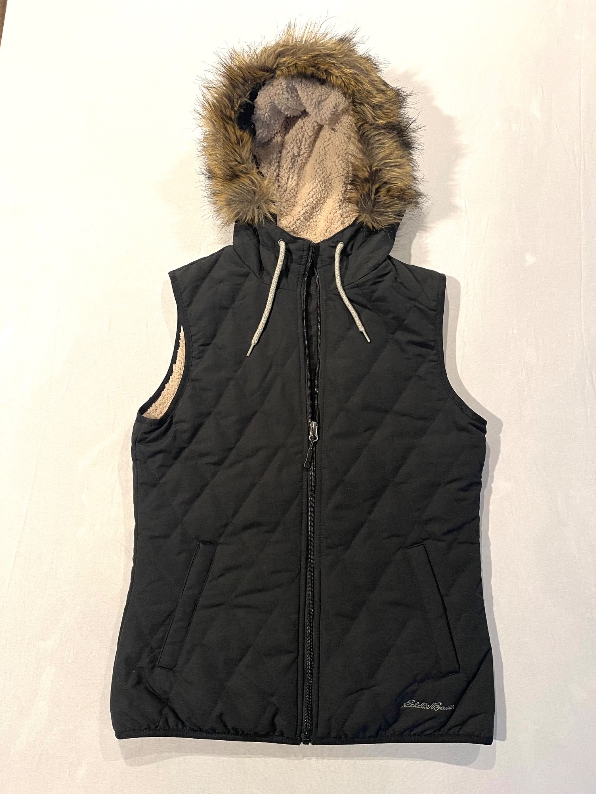 Eddie Bauer Womens XS Black Zip Up Vest Hooded Faux Fur Puffer Lined Winter Warm