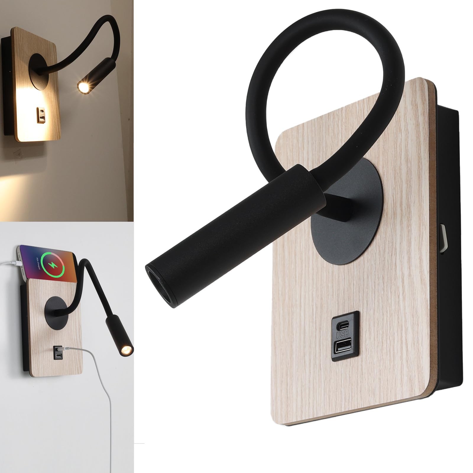 Applique murale LED noire 3W flexible port USB Type C liseuse de chevet orientable