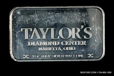 1988 TAYLOR'S DIAMOND CENTER 1 oz .999 SILVER BAR MARIETTA OH. 200th ANNIVERSARY