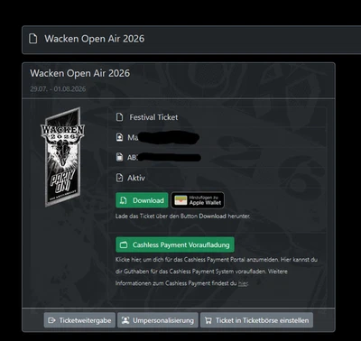 1x Wacken Open Air Ticket 29.7.-1.8.2026 WOA Festival