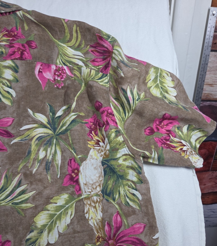 Tommy Bahama Shirt Size XL 100% Linen Hawaiian Floral Cockatoo Aloha Brown 0515 - Picture 9 of 12