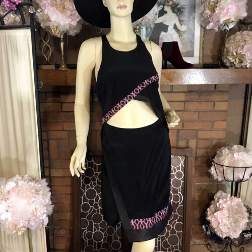 WOMEN'S BLACK EXPOSED MIDRIFF THAKOON ADDITION SILK & LAMBSKIN TRIM DRESS SZ 6