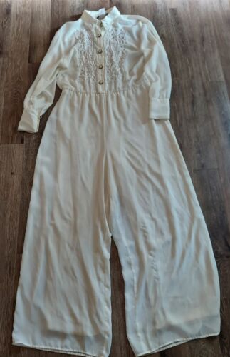 Vtg PG Collections by Ginger Bort Ivory Sheer Jumpsuit embroidered detail sz 10 - Picture 1 of 8
