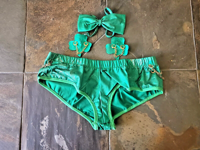 Size M Fantasy Lingerie Leprechaun Costume w/ Bow Tie Pasties & Bikini Panty