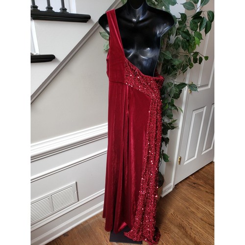 Miss Ord Long Gown Women 2XL Red Sequin Velvet One Shoulder Sleeve Wedding Party - Picture 4 of 14