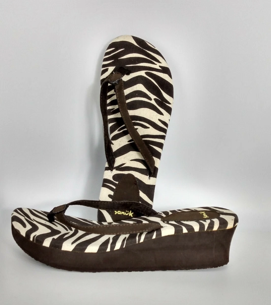 Sanuk Womens Size 10 Flip Flop Sandals Brown White Zebra Animal Print  Wedges