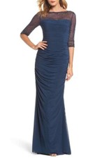 LA FEMME Navy Beaded Embellished Sheer Mesh Yoke 3/4 Sleeves Ruched Gown Dress 4